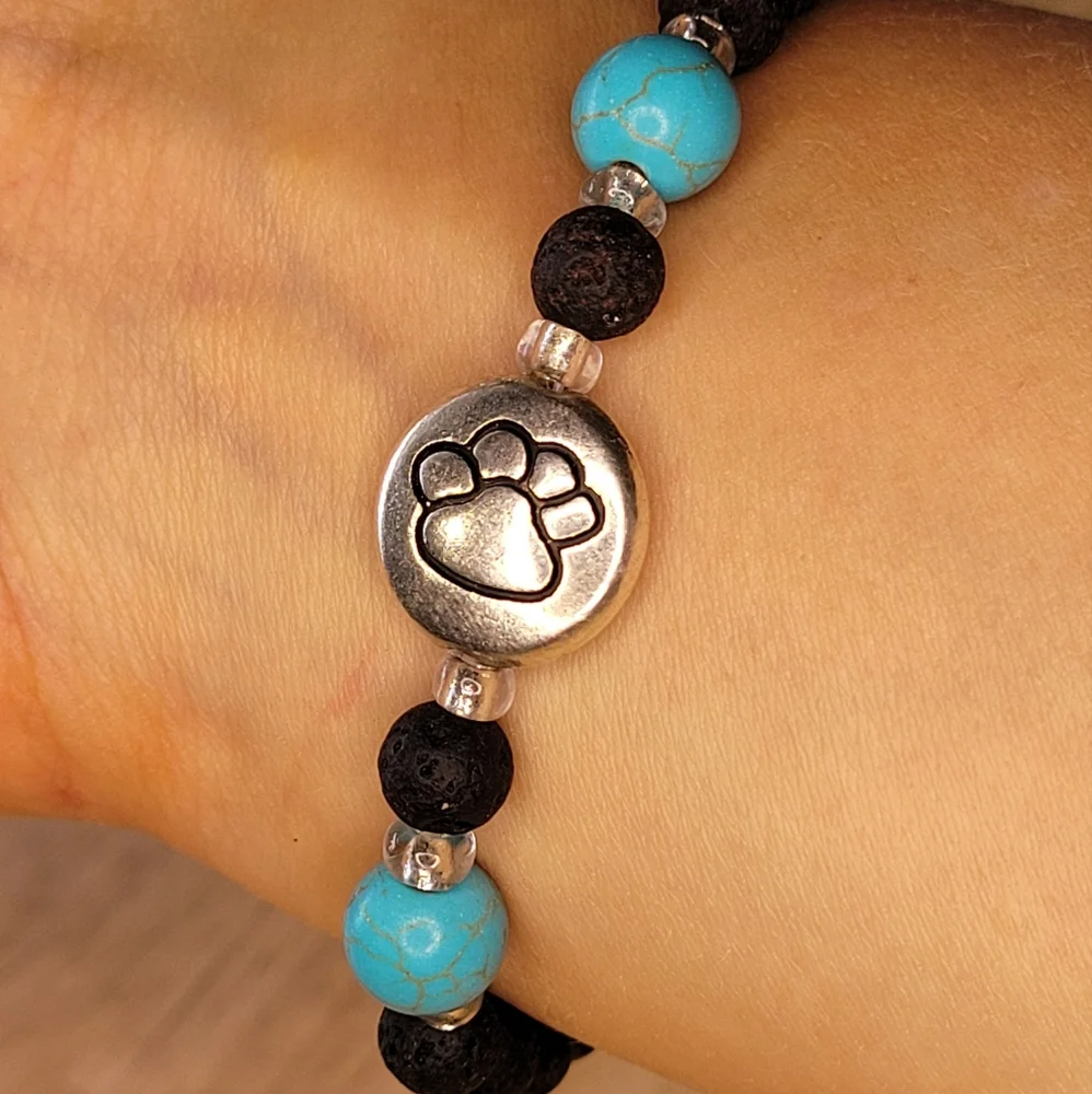 🖤3/$50 Silver Plated Paw Print Agate Stone Lava Bead Handmade Bracelet - Picture 3 of 7